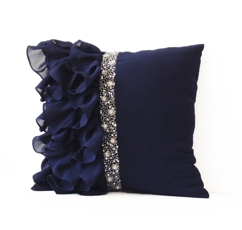 Navy Blue Throw Pillow Cover Navy Ruffles Decorative Pillow Etsy