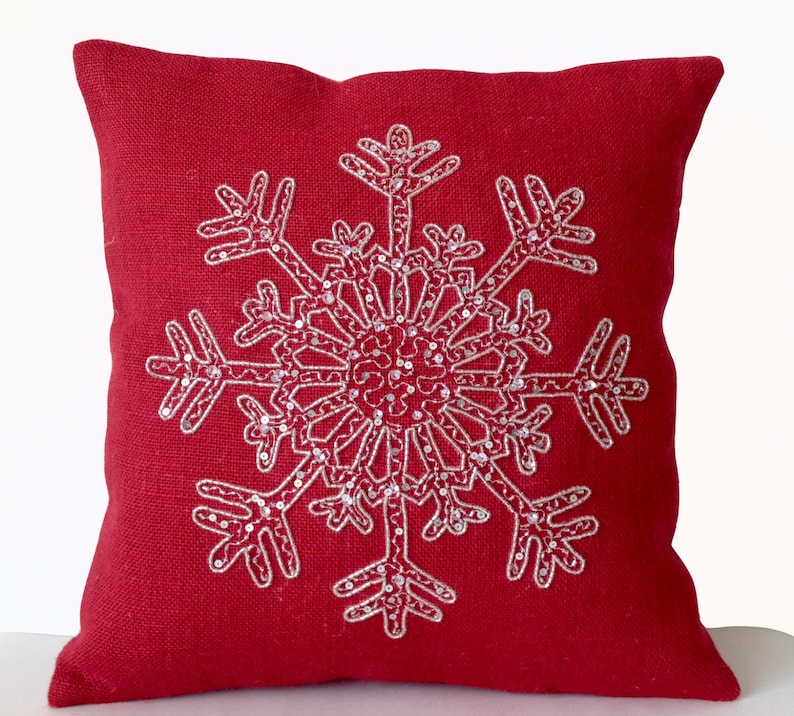 Mother/'s Day Gift Decorative Pillow Red Burlap Pillows Red Throw Pillow Silver Sequin Pillows Snow Flake Pillow