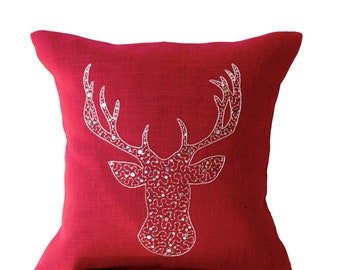 Funda de almohada navideña de estilo rústico con ciervo, cojín de arpillera con lentejuelas bordadas con ciervo plateado, cojín decorativo de alce rojo, decoración navideña con animales.
