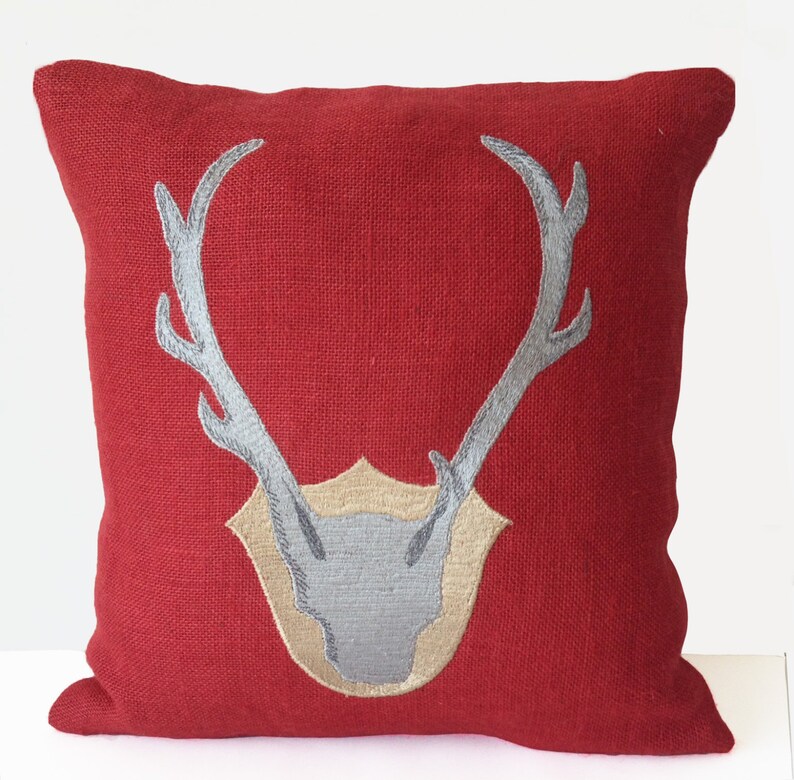 Deer Pillow Antler Pillow Throw Pillow Cover Red Burlap Etsy