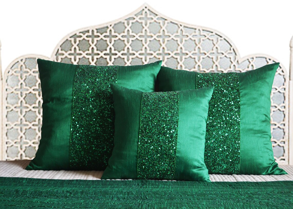 Bed Runner Pillow Cover Emerald Green Throw Sequin Pillows Etsy