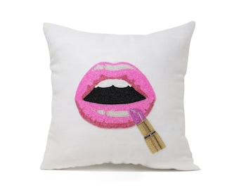 Valentines Gift, Pink Lipstick Pillow Cover, Pop Art Pillow Cover, Fun Whimsical and Feminine Pillow Cover, Girl Dorm Pillow, Gift For Girls