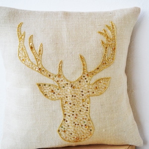 Christmas Pillows, Gold Embroidered Stag Pillows Cover, Decorative Burlap Throw Pillow, Christmas décor, Xmas Gifting Ideas, Farmhouse décor