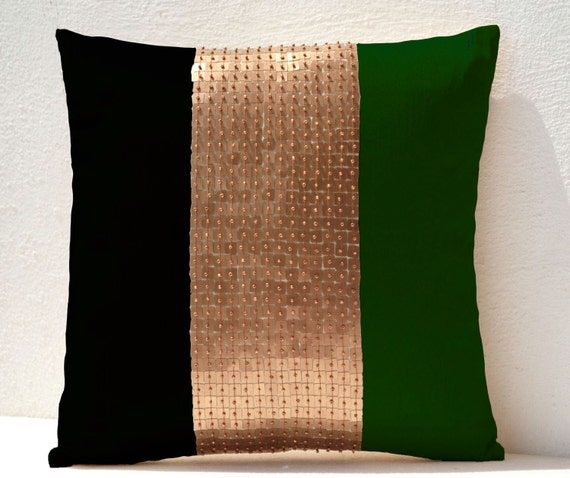 Throw Pillows Emerald green black gold Beaded Throw Pillow Cover Emerald green