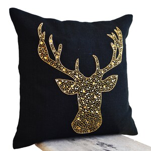 Christmas Pillows, Stag Embroidered in Gold Sequin Pillow, Deer Burlap Pillow, Cottage Cushion Cover, Xmas Décor, Christmas Gifting Ideas