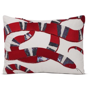 Red Snake Pillow Cover, Embroidered Snake Pillow Case, Sequin Snake Cushion Cover, Art Deco Pillow, Embroidered Sequin Snake Pillow
