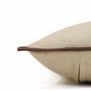 Chevron Wool Throw Pillow With Leather Trim, Leather Trim Pillow Cover, Herringbone Cushion, Leather Wool Throw Pillow, Accent Throw