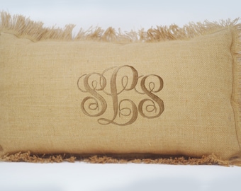 Monogram Pillow Cover, Burlap Initial Throw Pillow, Custom Lumbar Pillow, Rustic Pillow, Farmhouse Pillow, Cottage Pillow