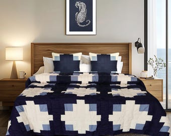 Navy Blue Patchwork Cotton Quilt: Handmade Plus Design