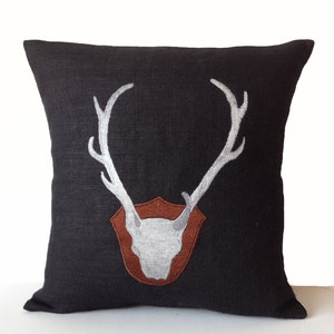 Burlap Throw Pillow Cover, Deer Antler Silhouette Pillow, Burlap Cushion, 20x20, Wedding Anniversary Housewarming Gift, Dorm Decor, Cottage