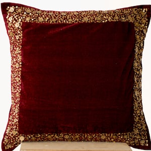 Maroon Velvet Decorative Throw Pillow Cover, Luxe Velvet Cushion Gold Sequined Embroidery, Christmas Pillows, New Year&#39;s Décor, Gifting Idea