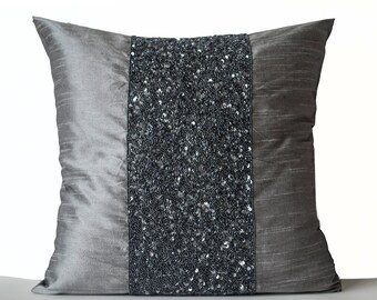 beaded pillows, Gray silk pillow cover, gray cushion, grey cushion, sequin pillow, gray silk pillow, housewarming gift, birthday anniversary