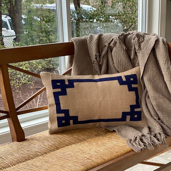 Greek Key Pillow Cover, Burlap Throw Pillows, Geometric Pillows, Back Pillow  for Chair, Rustic Decor, Cottage Decor, Lumbar Pillow 