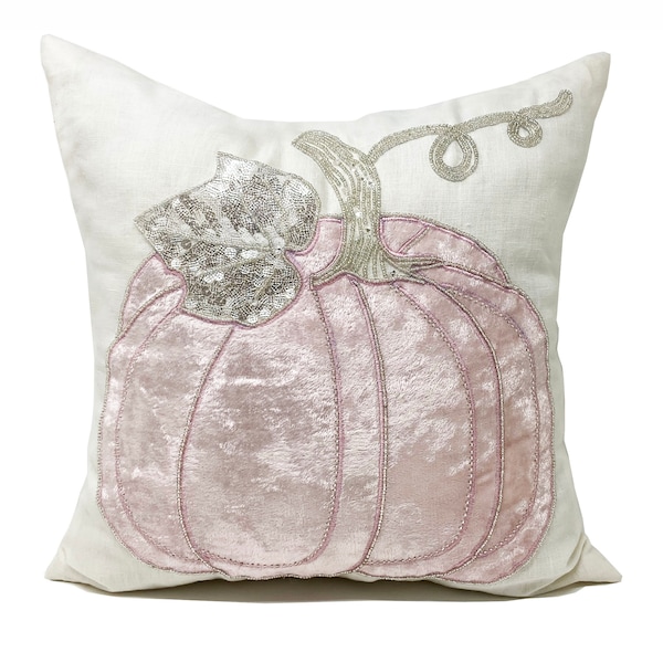 Pink Linen Pumpkin Pillow Cover: Velvet & Sequin Applique, Fall Decor