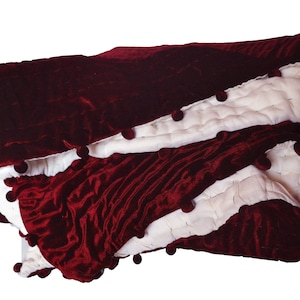 Velvet Comforter, Velvet Quilt, Deep Red Velvet Pick Stitch Quilt, Custom Quilt, King Quilt, Queen Quilt, Quilt with Pom Poms Velvet Bedding