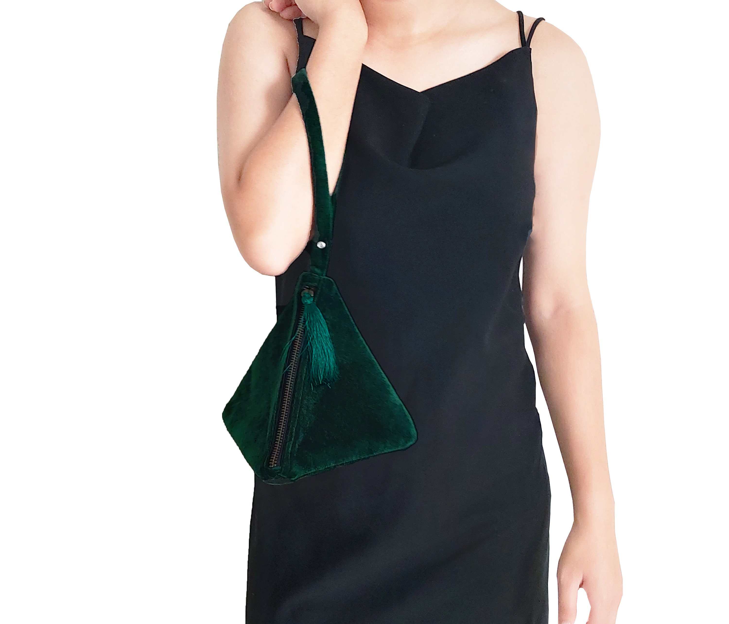 Emerald Green Velvet Pyramid Handbag