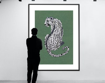 Beaded Leopard Wall Art, Handmade Staring Leopard Art, Sitting Big Cat Wall Decor, Unframed Wall Hanging, White Feline Wall Hanging, Gift