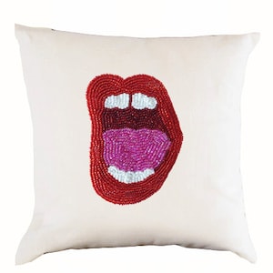 pop art pillow cover, lips pillow, lip pillow, pop art cushion, art pillow, linen pillow, red lips pillow, birthday gift, Gift for Mom