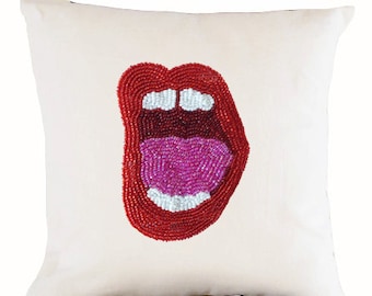 pop art pillow cover, lips pillow, lip pillow, pop art cushion, art pillow, linen pillow, red lips pillow, birthday gift, Gift for Mom