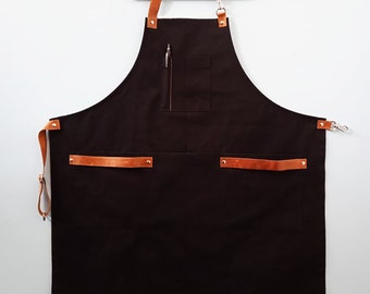 Black Canvas Apron With Adjustable Real Leather Straps, Customizable Apron with Leather Straps for Restaurant, Bakery Apron, Café Apron