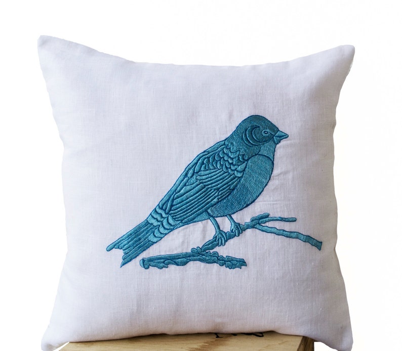 Decorative Throw Pillows Cover Blue Bird Embroidered White Etsy