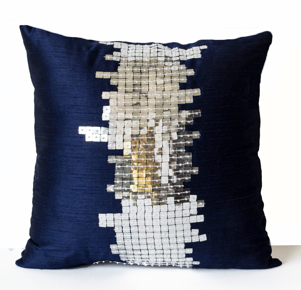 Navy Blue Silk Pillows Silver Pillows Decorative Throw | Etsy