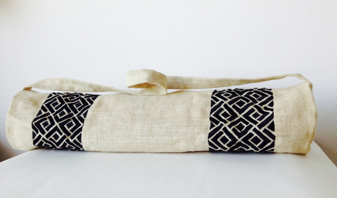 Yoga Bag Ivory Burlap Bag Black Embroidered Yoga Mat Bag Etsy