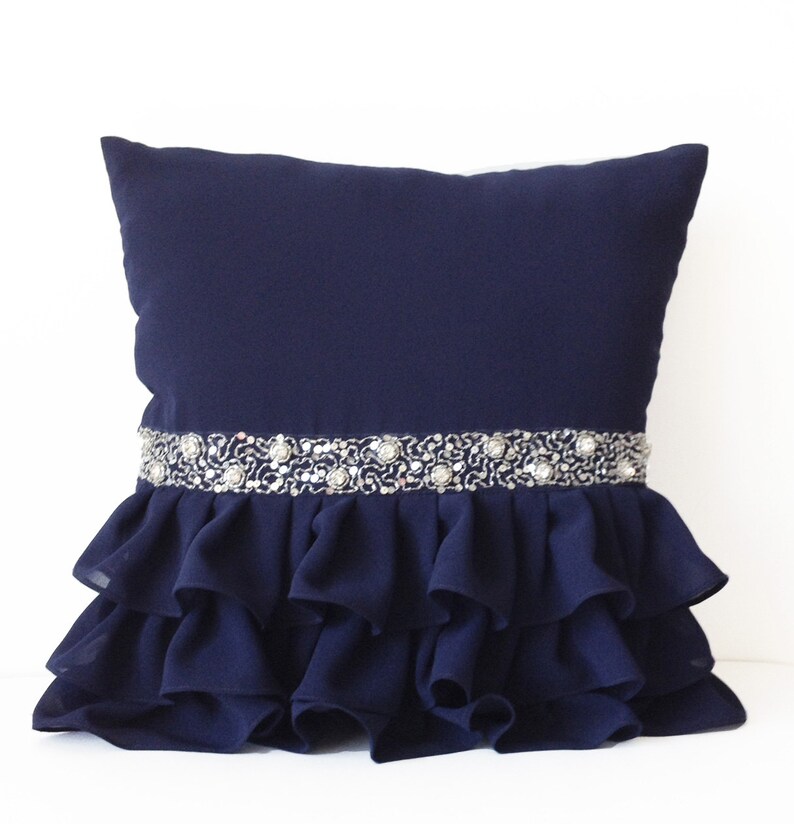 Navy Blue Throw Pillow Cover Navy Ruffles Decorative Pillow Etsy