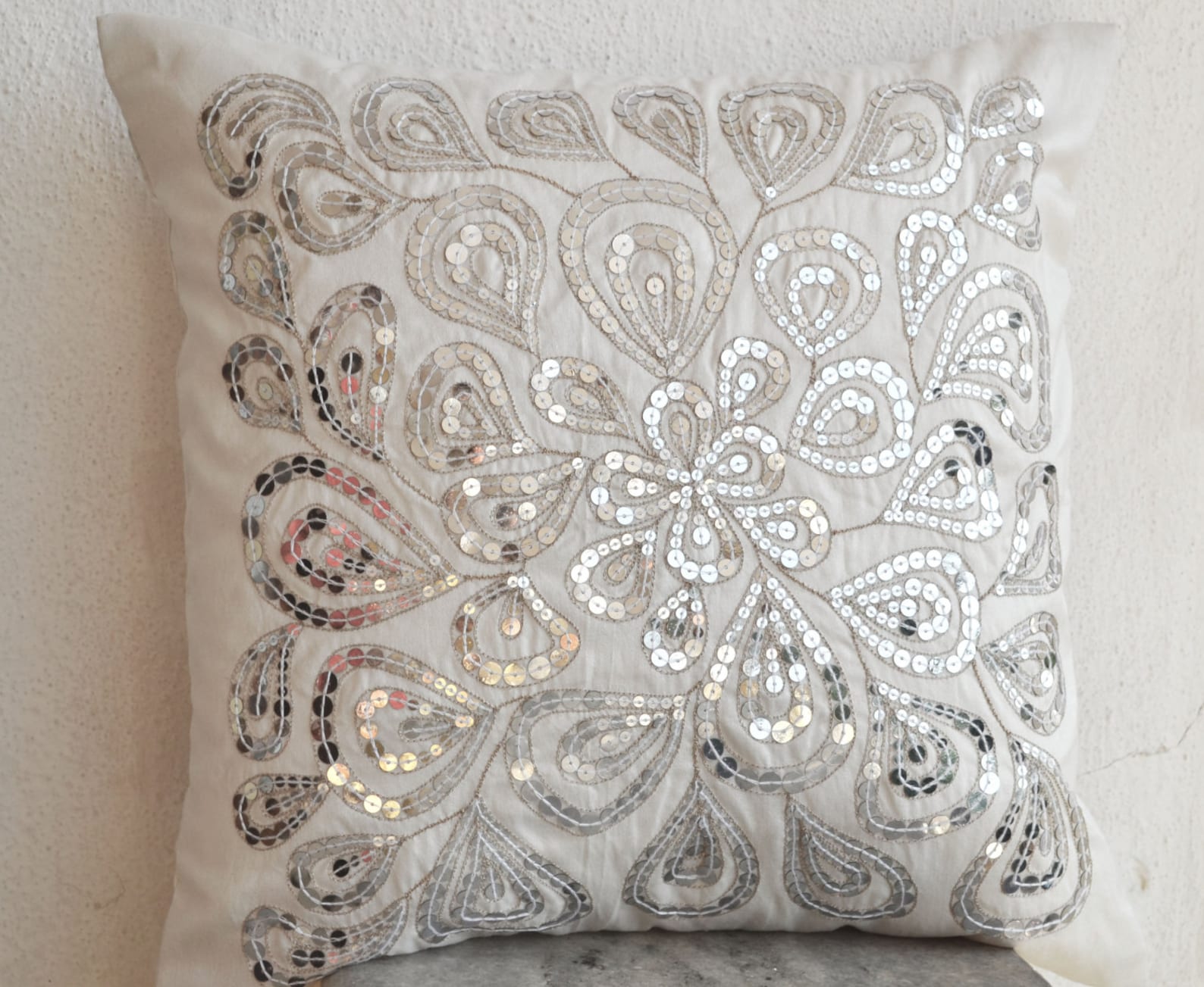 Ivory White Throw Pillows With Silver Sequins Dazzling Pillow Etsy