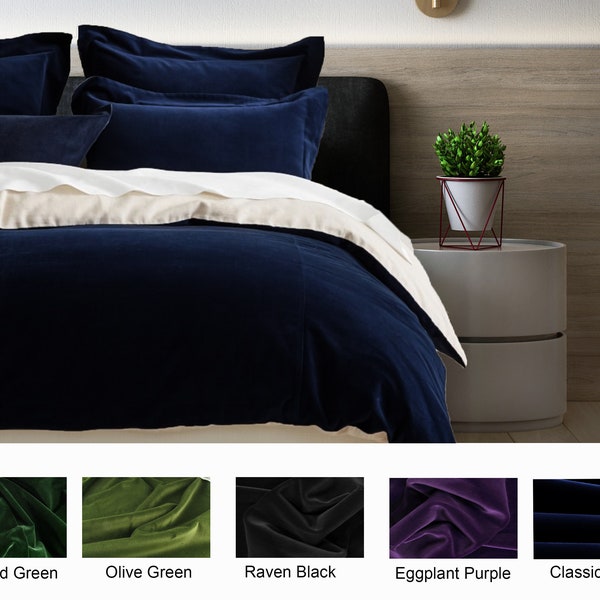 Cotton Velvet Duvet Cover Set, Navy Blue Cotton Velvet Bedding, Velvet Shams, Pillows and Duvet Cover With Flange, Custom Bedding