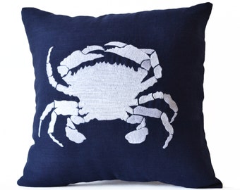 Navy Blue Throw Pillow Case -Beach Decor Nautical Pillows -Cushion Cover -Embroidered Crab Accent Linen Pillow -Sofa Bed Couch Pillow -16x16