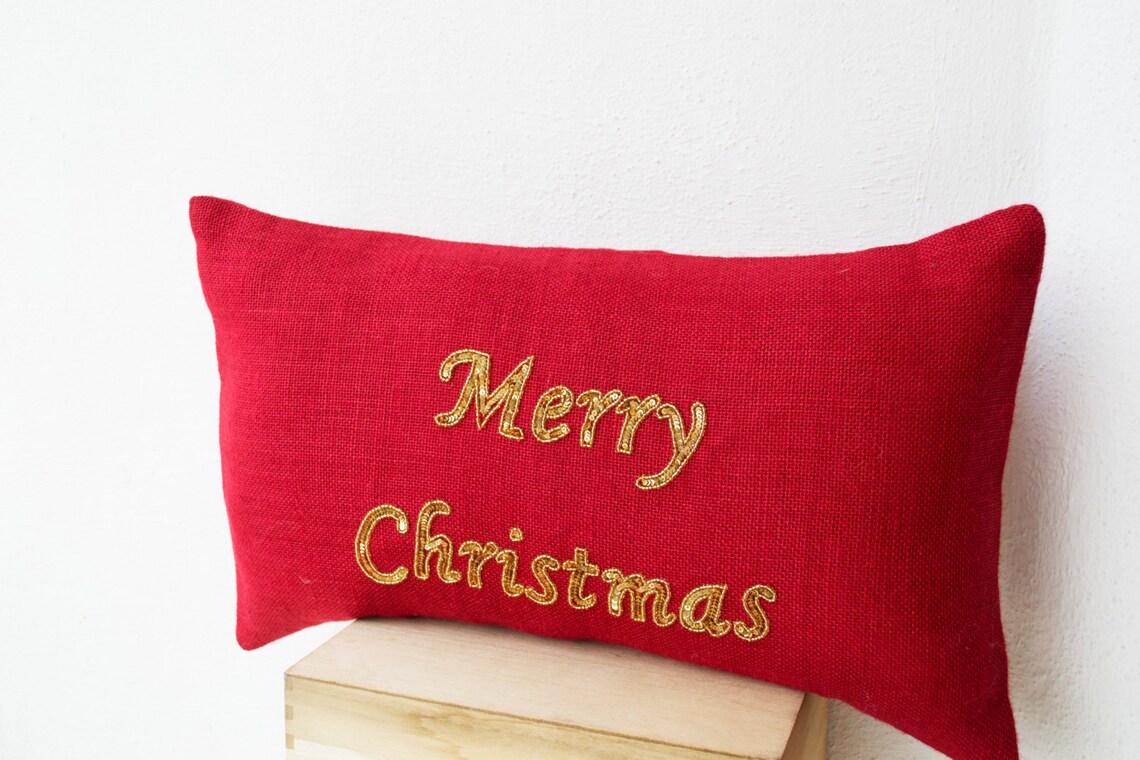Merry Christmas Pillow Holiday Decor Red Gold Pillow Cover Etsy