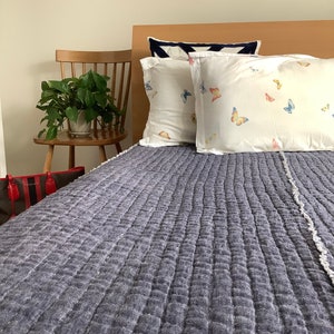 Handmade Quilt Set, Denim Blue Flax Linen Pick Stitch Quilt, Twin Quilt, Queen Quilt, King Quilt, California King Quilt Set