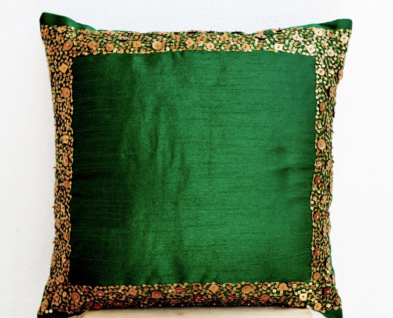 Throw Pillows Emerald Green Cushion With Gold Sequin Boarder Etsy