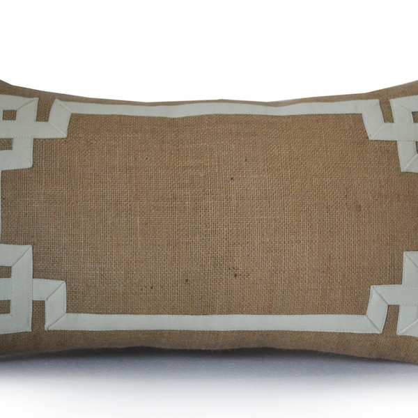 Oversized Lumbar Pillow, Greek Key Pillow, Greek Key Cotton Trim Burlap Pillow, Jute Cushion, Rustic Decor Pillow, Burlap Lumbar Pillows