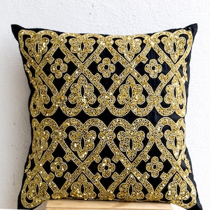 Luxury Gold Pillow, Valentines Decor, Throw Pillows Gold Beaded, Black Gold Beaded Pillows, Cushion Cover Housewarming Gift, Sparkle Decor