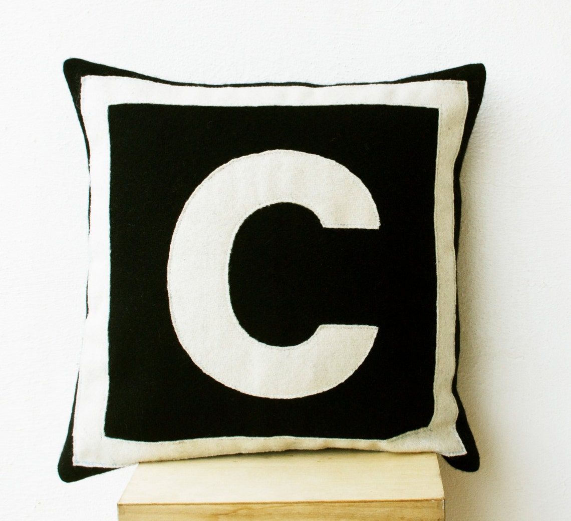 Dorm Pillow Initial Pillow Black Ivory Pillow Felt Cushion Etsy