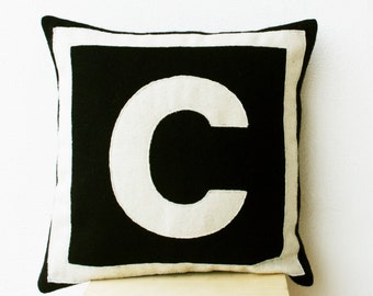 dorm pillow, initial pillow, black ivory pillow, felt cushion, personalized gift, monogram, monogrammed, housewarming gift, boys room pillow