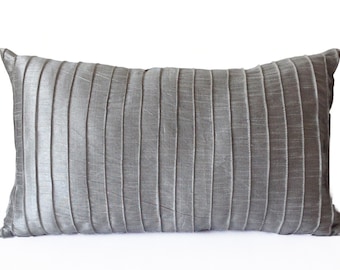 Grey Faux Silk Pleated Textured Pillow Cover, Lumbar Pillow, Grey Cushion, Gray Decorative Pillow, Housewarming Gift Hostess Gift Bed Pillow
