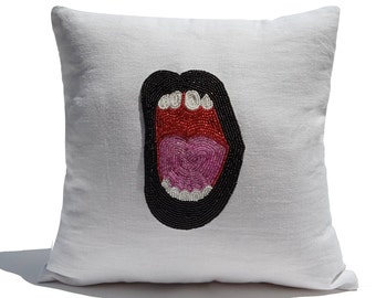 Retro Gift Pillow, Pop art pillow, Black lips pillow, Pop art cushion, art pillow, linen pillow, Green lips pillow, birthday gift