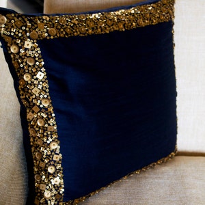 Decorative Pillow Covers, Navy Blue Pillow Case, Navy Gold Pillow, Gold Sequin Bead Cushions, Wedding Anniversary Gifts, Housewarming Gifts