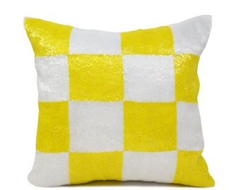 Checkerboard Plaid Pillow, Yellow White Plaid Pillow, Pop Art Checkerboard Pillow, Dorm Pillow, Sparkling Throw Pillow Gingham Square Pillow