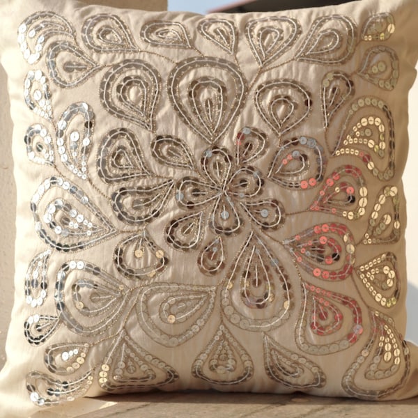 Silver Sequin Pillow, Ivory Accent throw pillow, Cream decor, Silver and White Decorative Pillow, Luxury Housewarming Gift, Anniversary gift