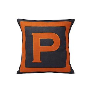 Capa de almofada monograma, almofadas personalizadas, almofada de serapilheira laranja marinho, almofadas decorativas, almofada inicial