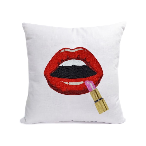 Lipstick Pop Art Pillow Cover, Red Lips Retro Pillow Cover, Woman Lips Pillow, Beaded Lips Pillow Case, Gift for Her, Woman Putting Lipstick