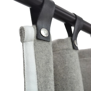 Light Gray Curtain With Trim, Living Room Drapery, Wool Felt Curtain Leather Tab, Grey Curtains For Fixed Rod, Snap Button Winter Curtain