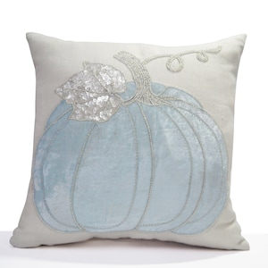 Fall Pillow Cover, Embroidered Blue Pumpkin Throw Pillow, Pumpkin Pillow, Autumn Décor, Autumn Pillow,  Fall Pumpkin, Halloween Décor,