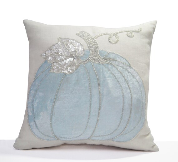 Blue Pumpkin Pillow Cover | Embroidered Linen Throw Cushion with Beaded Sequin Detail | Thanksgiving Decor | Christmas and New Year Accent