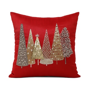 Red Christmas Tree Pillow Cover, Gold Sequined Pillowcase, Merry Christmas, Handcrafted Pine Tree Décor, Xmas Pillows, Hand-crafted pillows