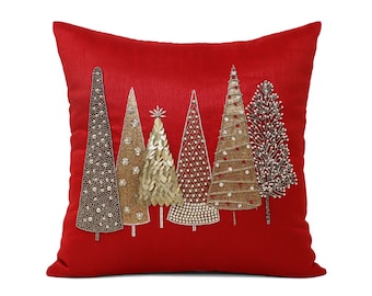 Red Christmas Tree Pillow Cover, Gold Sequined Pillowcase, Christmas Decor, Handcrafted Pine Tree Décor, Xmas Pillows, Hand-crafted pillows